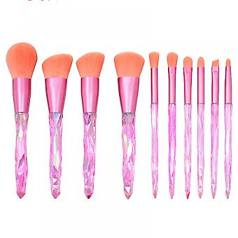 Veeki Transparent crystal diamond handle makeup brush set, 10 colorful glass handle fiber hair loose powder eye brush (pink)