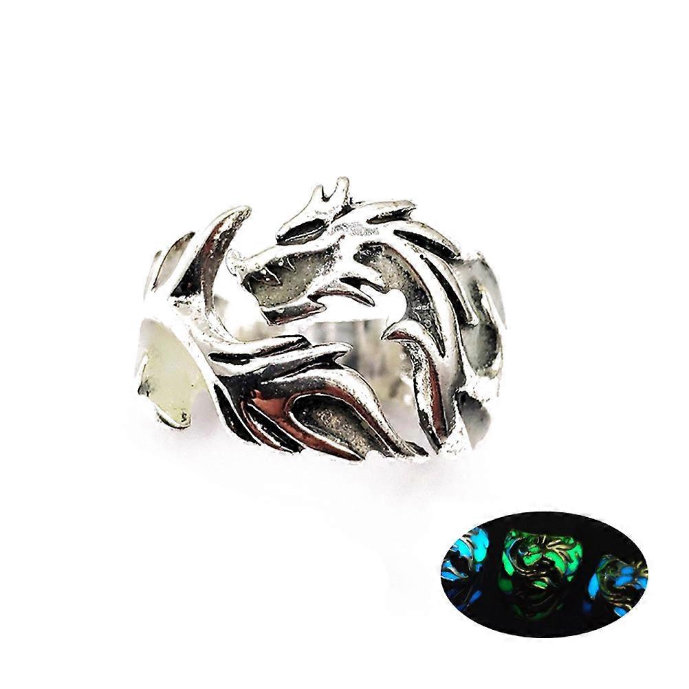 Men Punk Ring Creative Luminous Dragon Pattern Adjustable Ring Daily Wear Retro Hollow Out Silver 1Pack