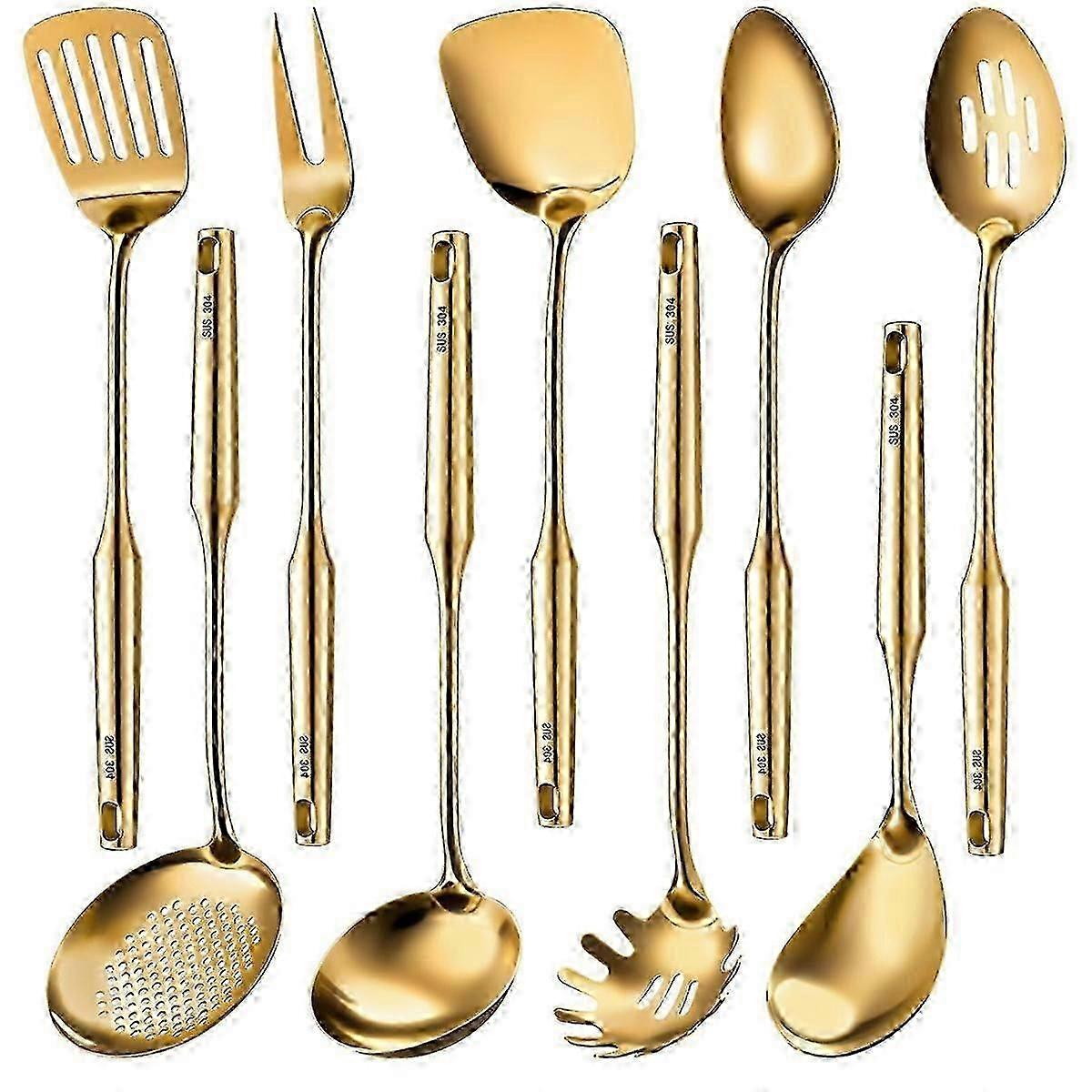 304 Stainless Steel Kitchen Utensils Set: 9-Piece Cooking Tools Including Solid Spoon, Slotted Spoon & Spatula