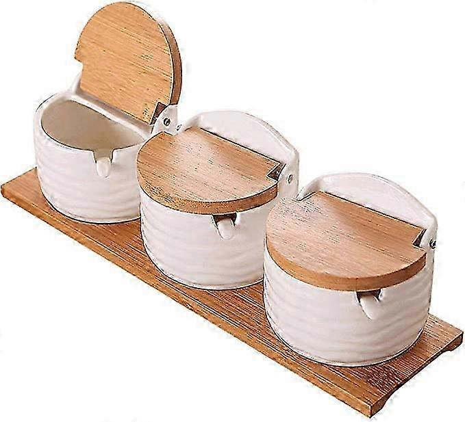 Condiment Containers With Lids And Spoons,ceramic Sugar Bowl With Bamboo Lids Small Spice Jars Food Storage For Kitchen (3pcs With Wooden Chassis)