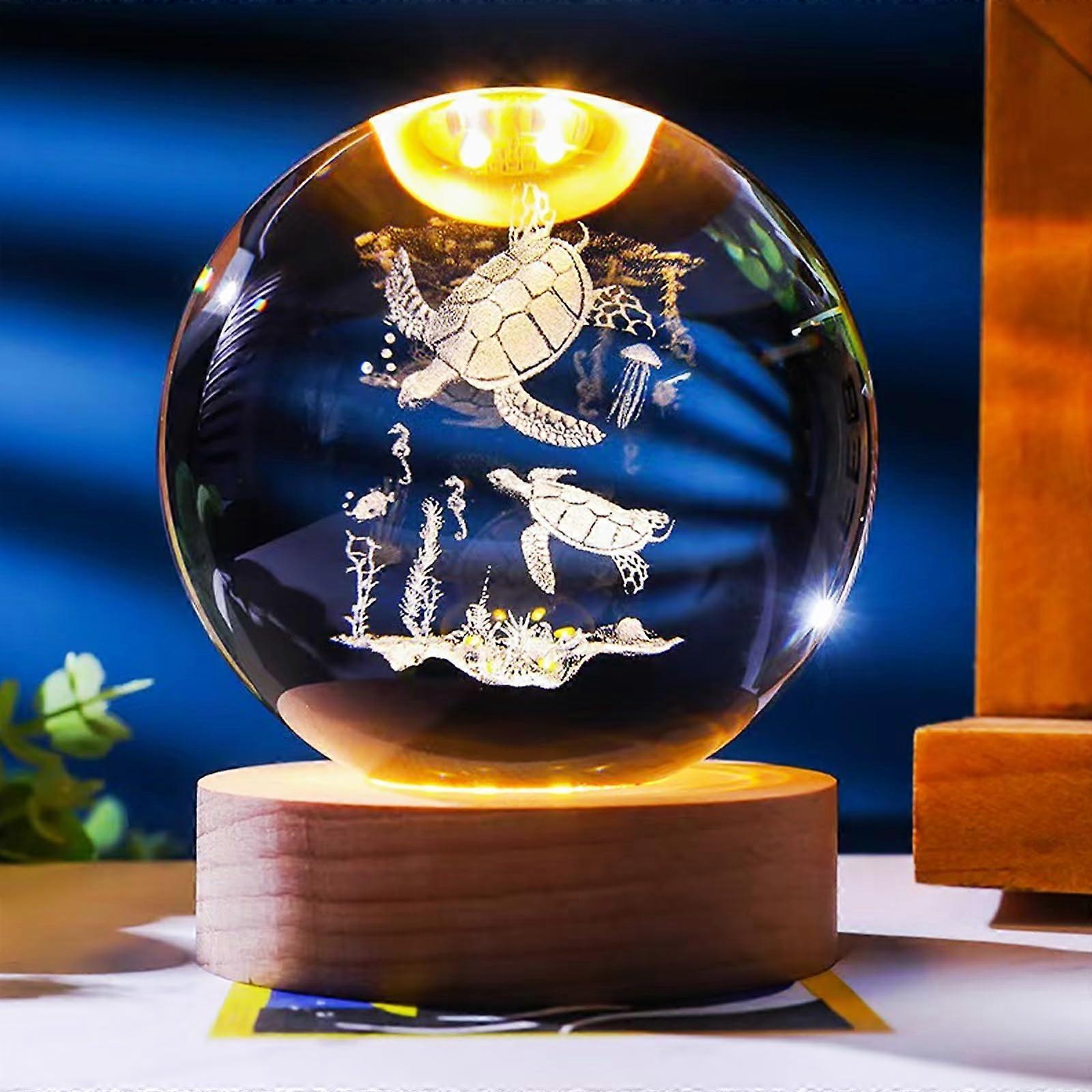 6cm 3D Turtles Crystal Ball Light With 3 Color LED Glass Ball Night Light Plug In Wooden Base 3D Engraved Decor