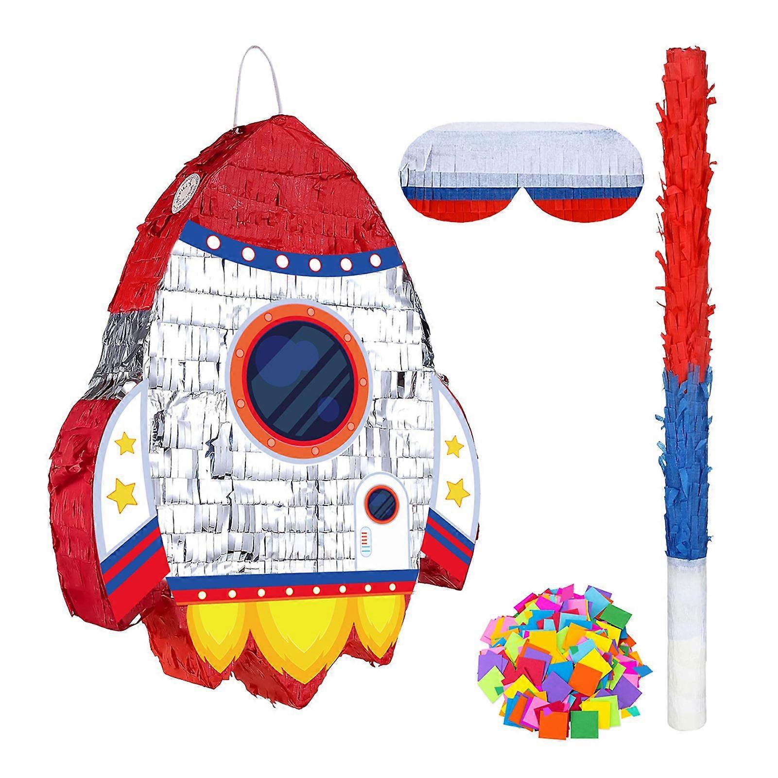 Jikaixiang Pull String Rocket Ship Pinata Rocket Pinatas with Blindfold Bat Stick Confetti for Kids Space Themed Birthday Party Supplies