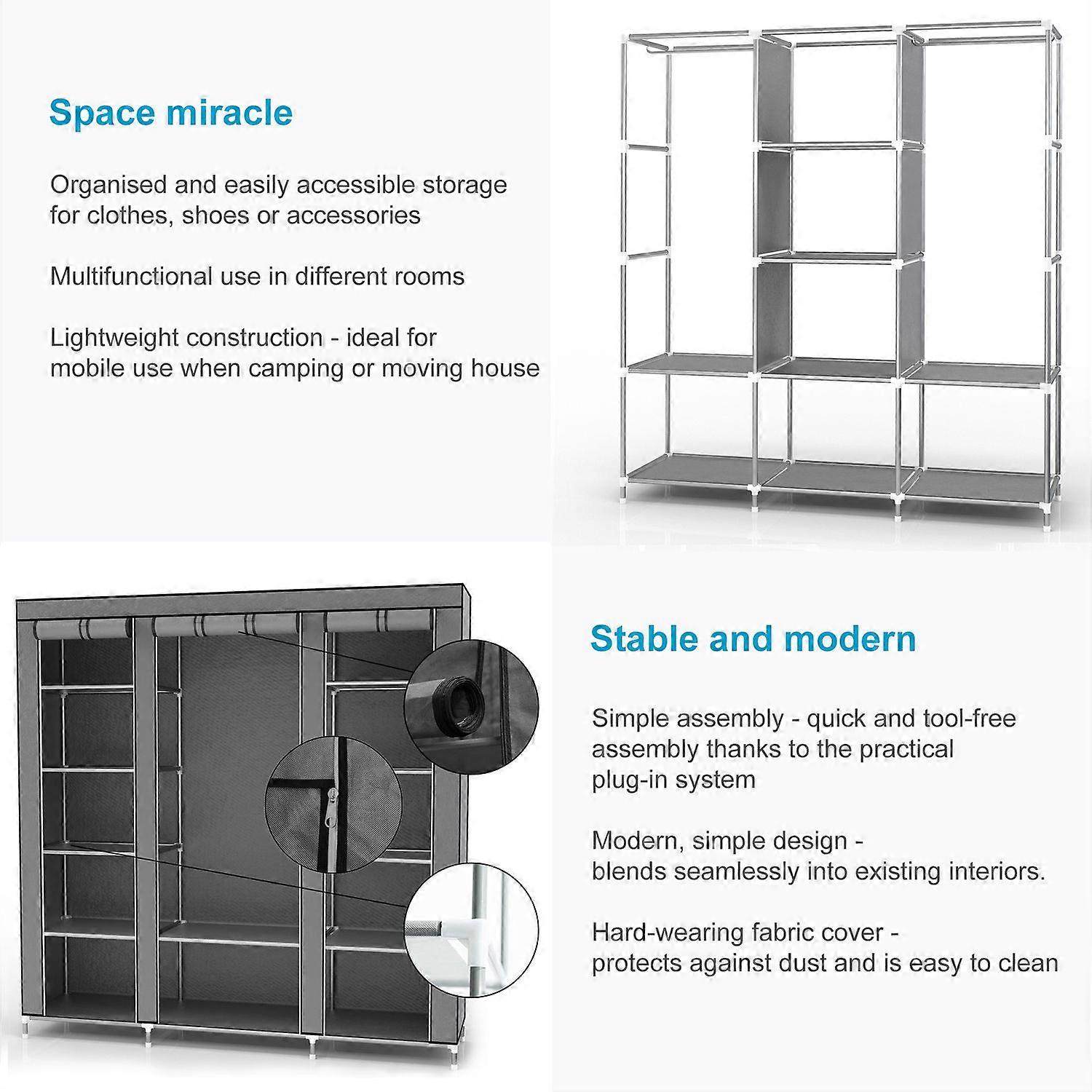 Folding cabinet 150x175x45 cm - with zipper fabric cabinet wardrobe with clothes rail, compartments and side pocket
