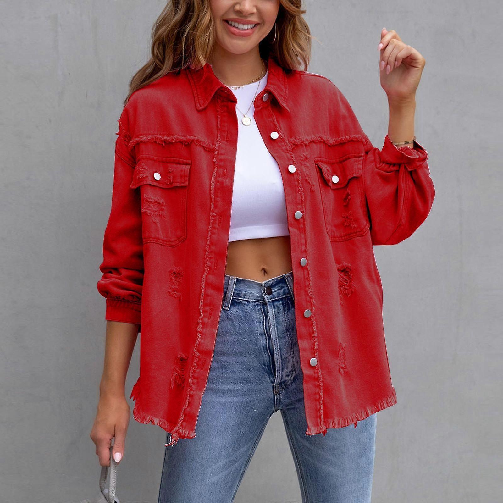 Womens Denim Jacket Button Down Shirts Distressed Frayed Coat With Pockets
