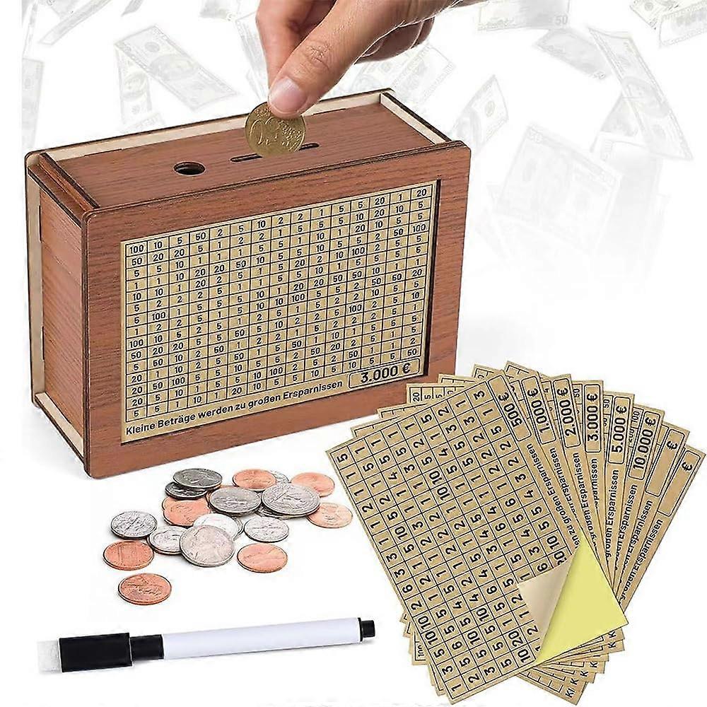 Wooden Money Saving Box with Counter, 8 Goal Stickers and Marker for 500 to 10000