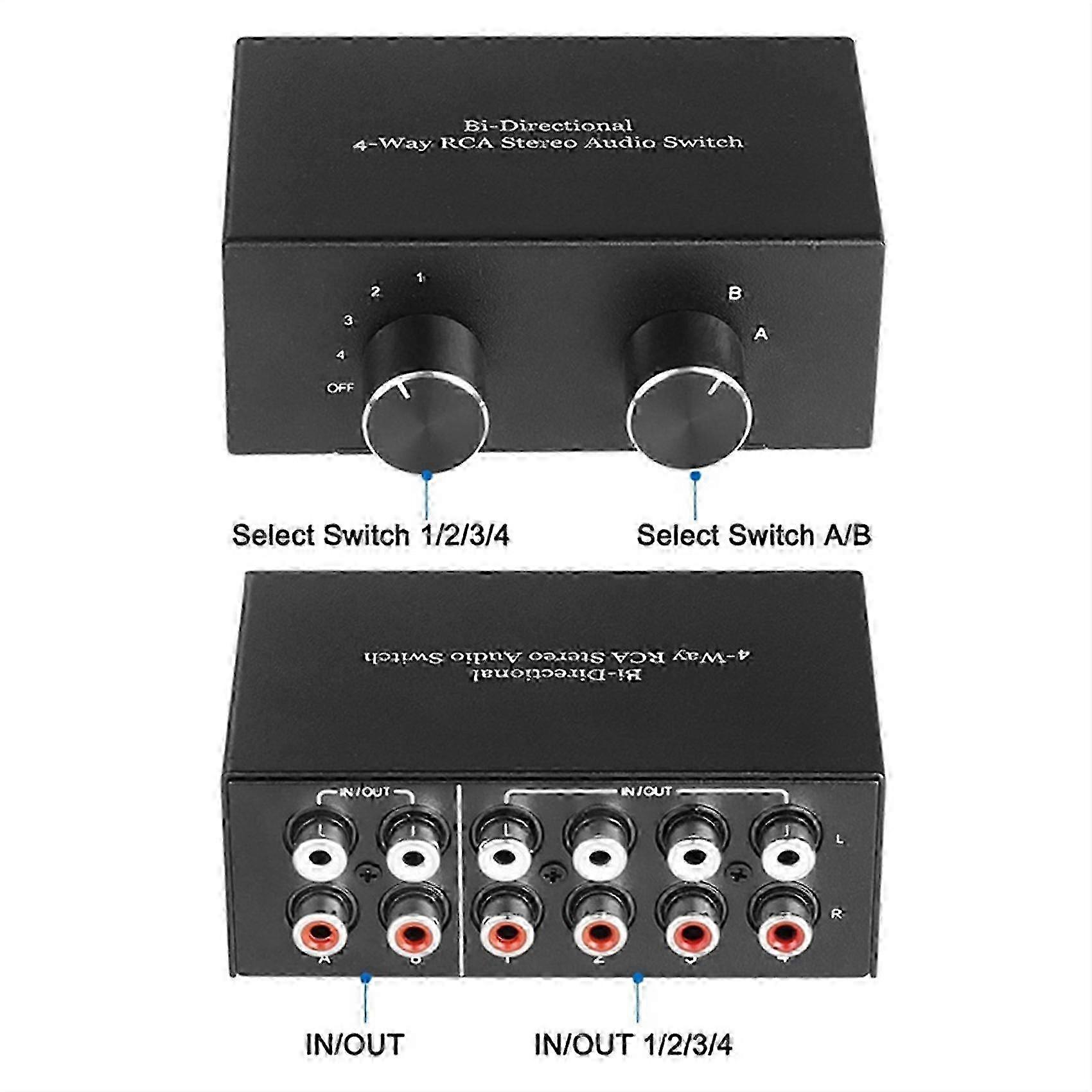 w Bi-Directional 4-Way RCA Stereo Audio Switch L/R Sound Channel Audio Switcher,2 in 4 Out or 4 in 2