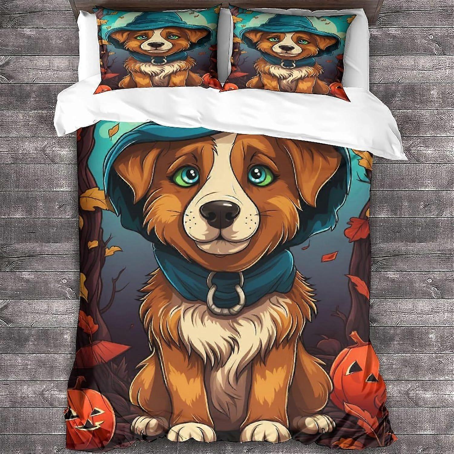 Capa de edredom para cachorro Dupla com padrão de Halloween Roupa de cama Soft Lightweight Microfiber Animal Quilt Cover com zíper Fechamento King