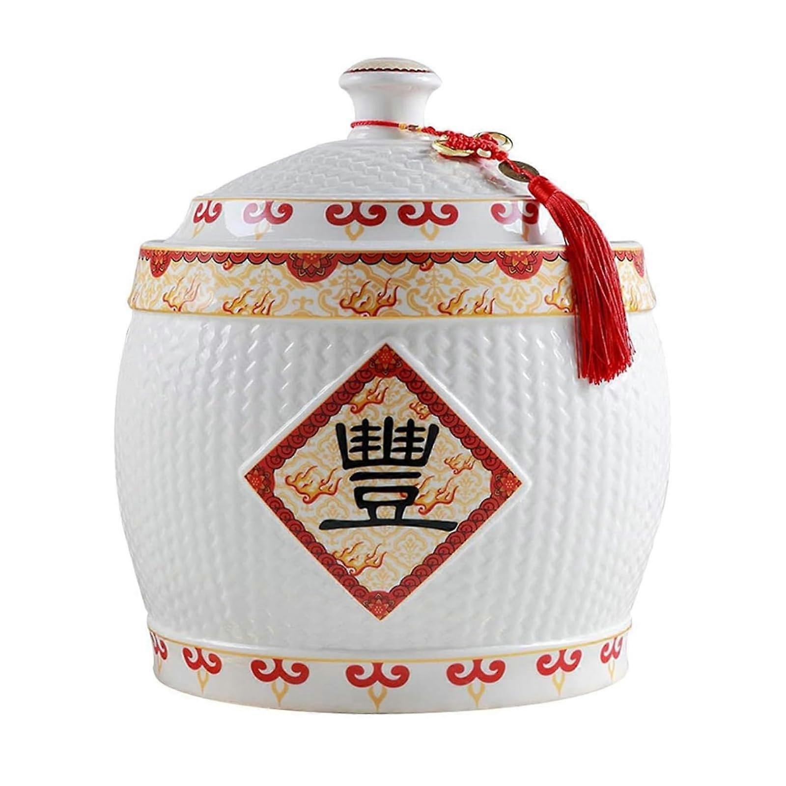 Ceramic Rice Storage Jar with Lid, Large Grain Dispenser for Rice Noodles Snacks Sealed Container Ref: 5447