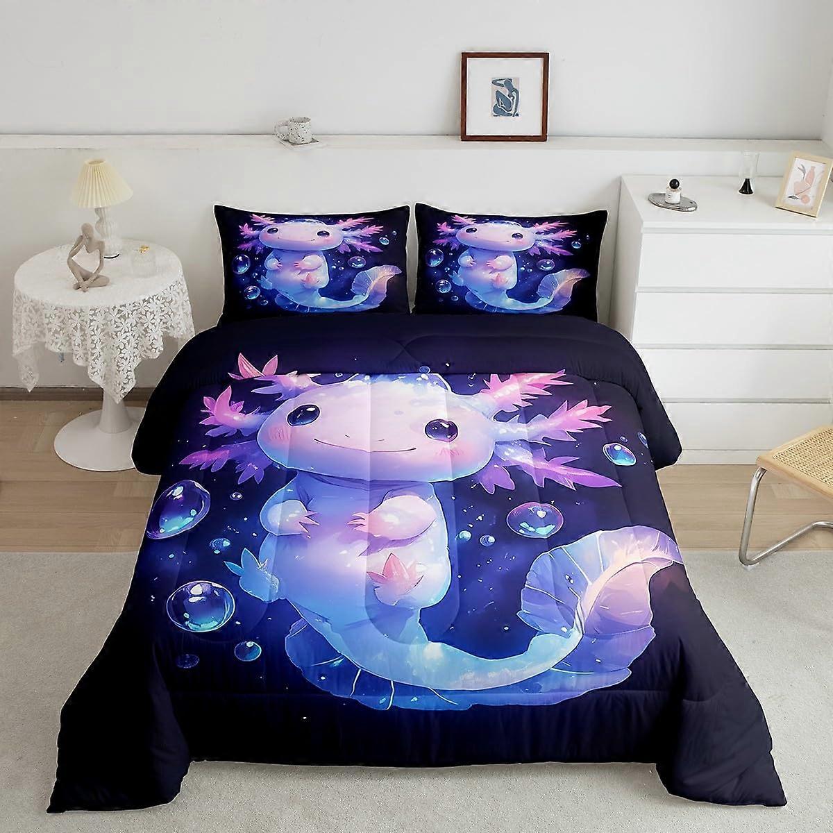 Axolotl Comforter Set King Size  Cute Salamander Kids Bedding with Soft Microfiber for All Seasons