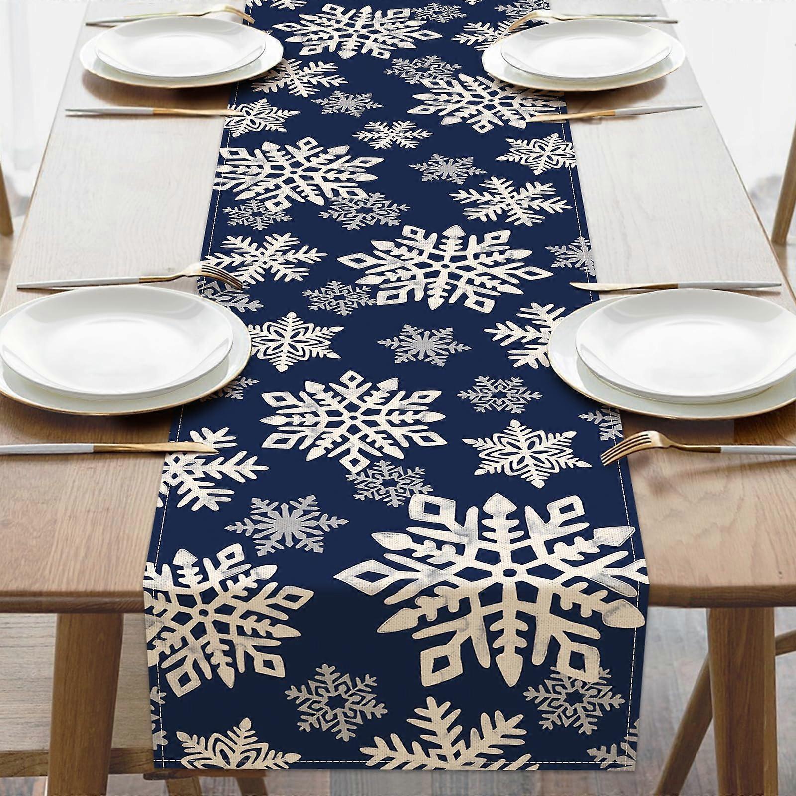 Christmas Table Runner Navy Blue Snowflake Burlap 13x72 Rustic Winter Dining Table Decor