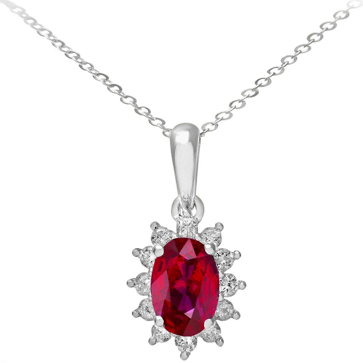 Jewelco London 9ct White Gold Round 1/4ct Diamond Oval 1.1ct Ruby Cluster Pendant Necklace 18 inch 46cm