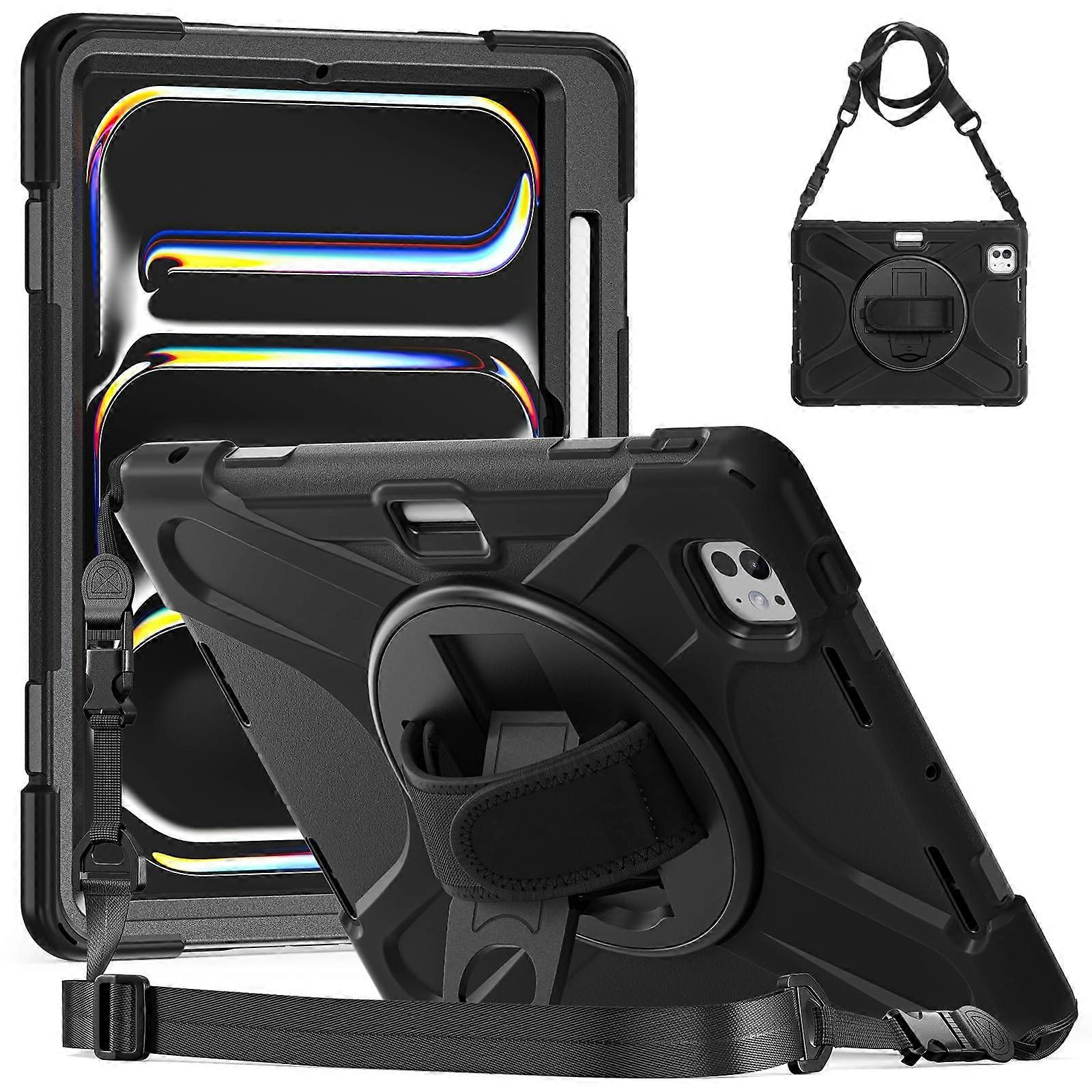 Shockproof Rugged Case with 360 Rotating Kickstand Pencil Holder and Strap, Black for iPad Pro 11 2024