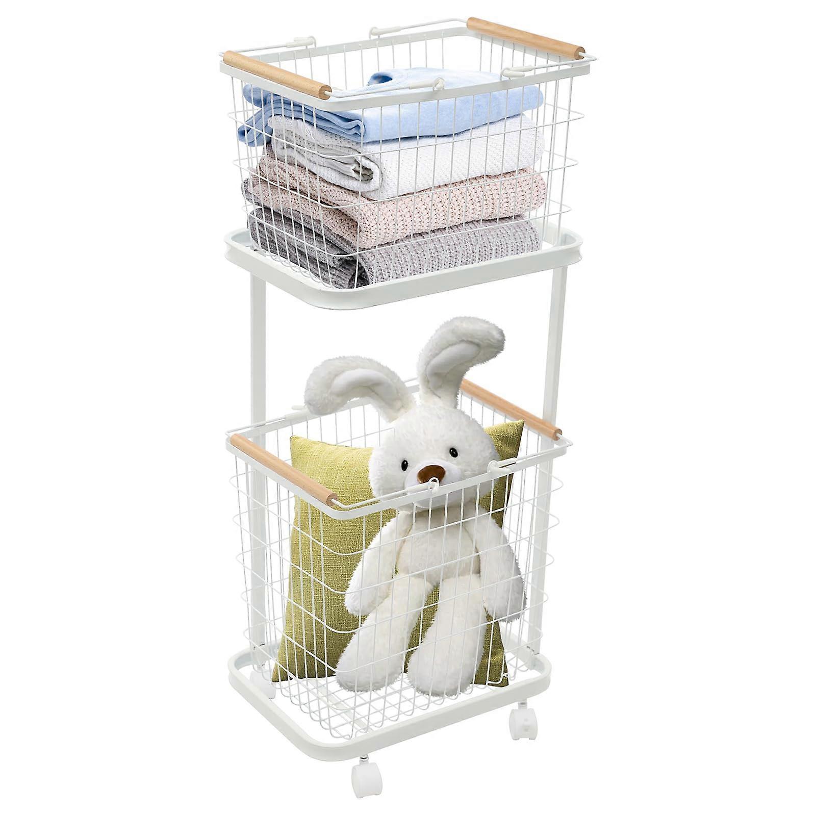 Rolling Laundry Cart with 2 Tier Removable Steel Baskets, 88lbs Capacity, Lockable Wheels, White