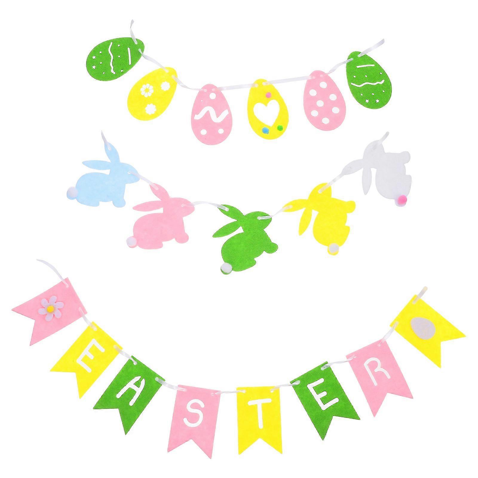 3pcs Easter DIY Party Background Decorations Felt Bunny Easter Banner Set for Easter Themed Parties Home Decor Backdrops