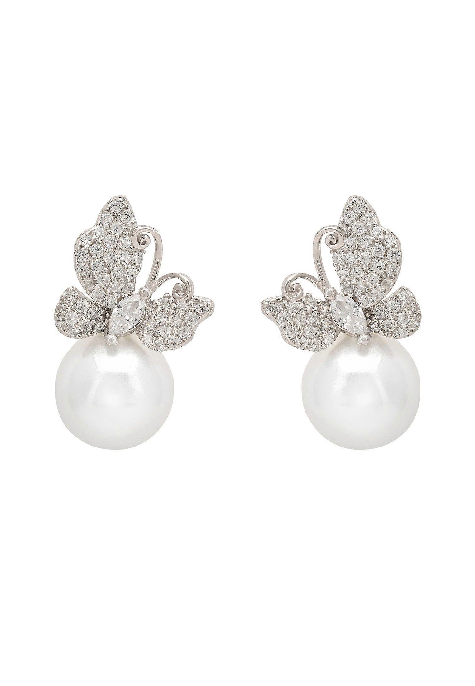 Butterfly Drop Earrings Pearl Silver