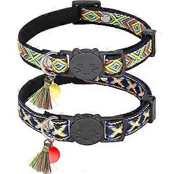 Paquet de 2 collier de chat Breakaway avec des cloches, colliers de sécurité pour chaton de motif tribal mignon réglable pour garçons et filles, coloré + Orange