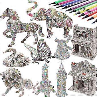 3D Coloring Puzzle Set -DIY Arts and Crafts for Kids -STEM Educational Construction Toys-Perfect Creativity Kit & Travel Activity-Best Toy Gift for Gi