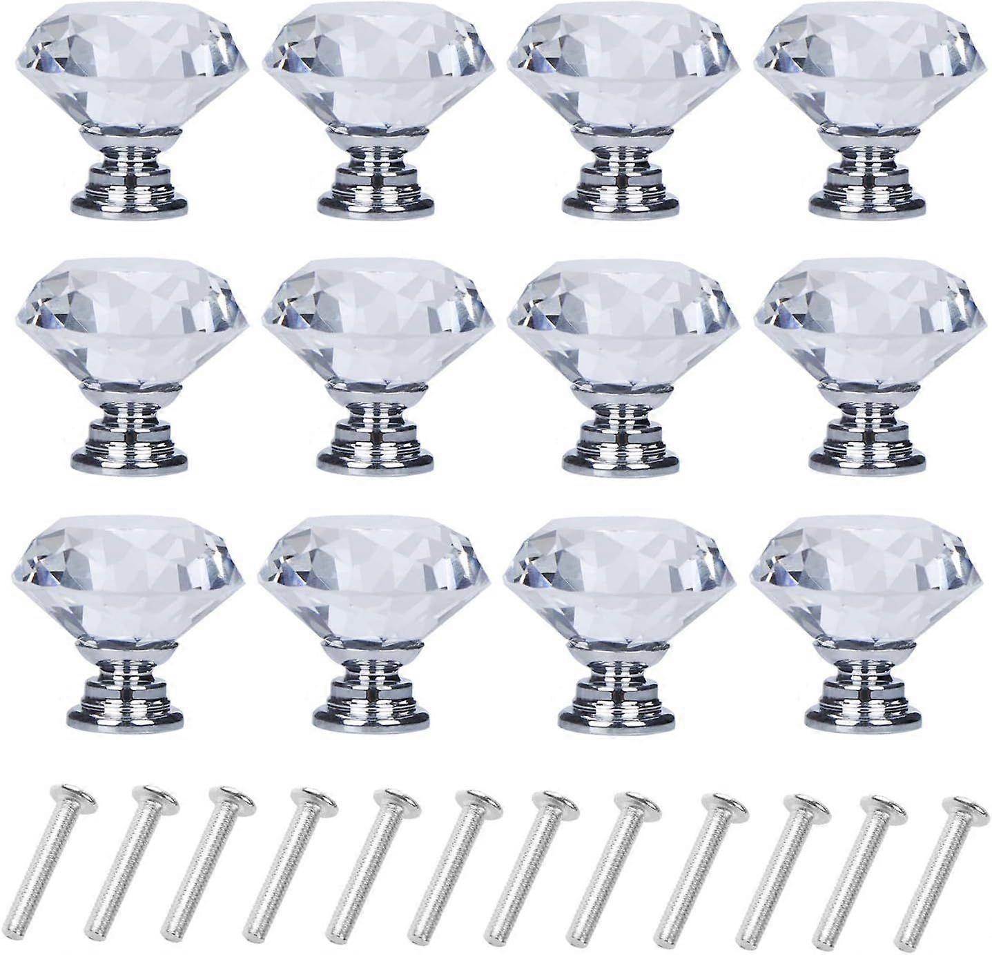 12 Pack Drawer Knobs Diamond Shaped Crystal Glass 30mm Cabinet Knobs Pull Handles (Silver)  30 mm, 12 Pack