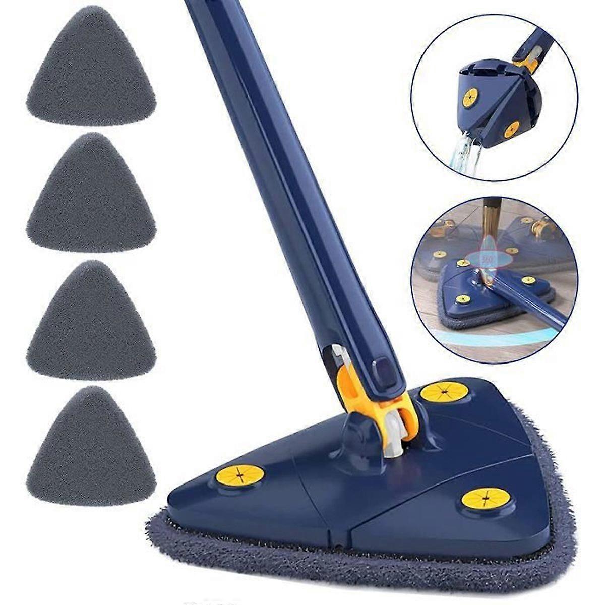 360 Rotating Triangular Cleaning Mop, Adjustable, Self-Compressing, Foldable, Telescopic, with 4 Cleaning Cloths