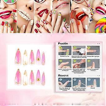 Faux ongles à pression, longs, en amande, avec motif cœur doré, dégradé rose, à coller, rayures dorées 3D, couverture complète.