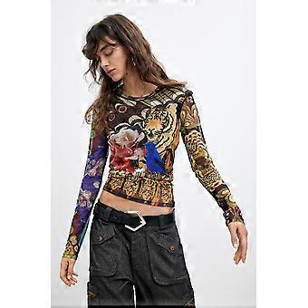 Desigual by M. Christian Lacroix Lion Lacroix Bold Printed Long Sleeve Mesh Top 26WWTK06