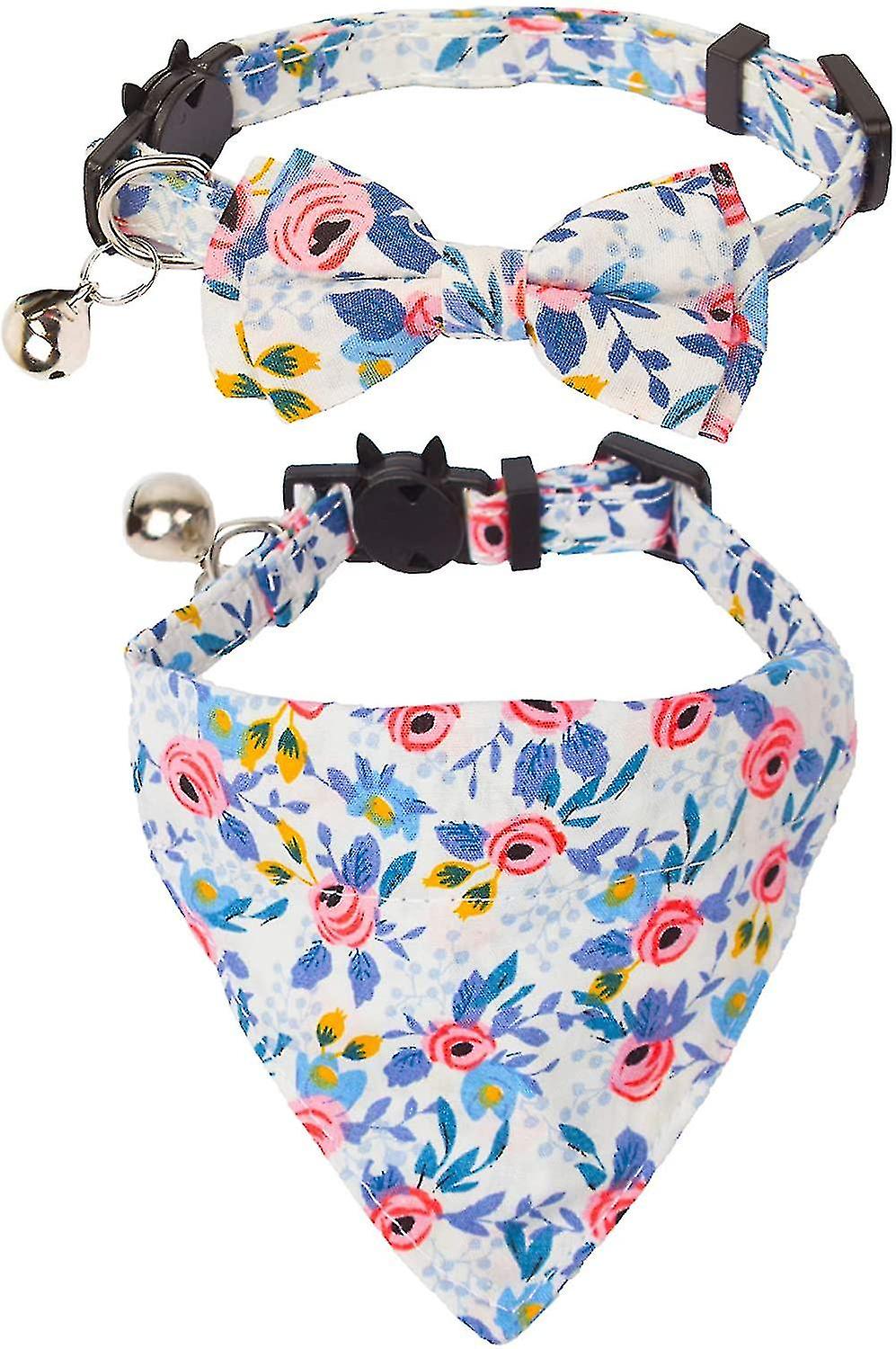 Cat Collar With Bow Tie Bandana, Kitten Collar With Removable Bowtie Bandana Cute Flower Pattern