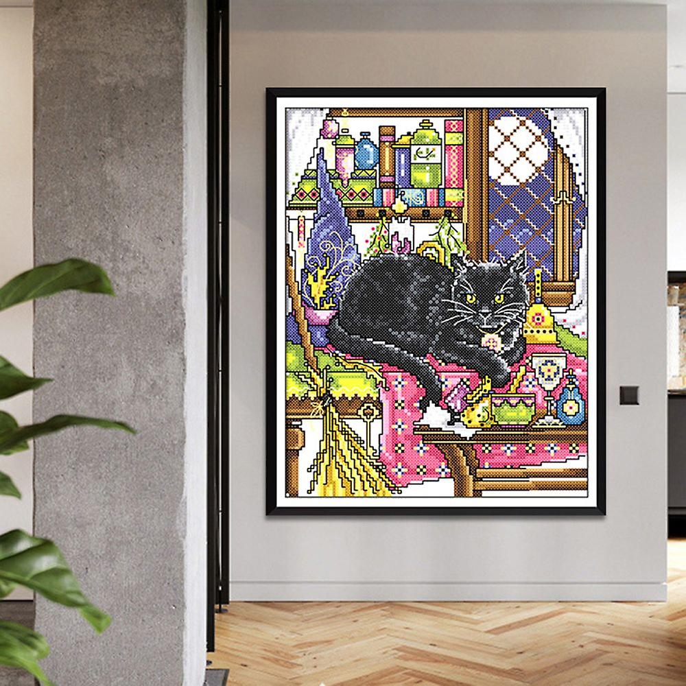 14ct Embroidery Printed Black Cat Pattern Cross Stitch Kit 22 X 30cm