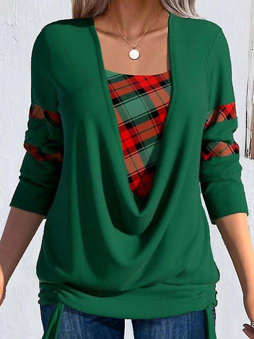 Printed Solid Color Long-sleeved Women's Large Drop Collar Loose Pleating Fake Two-piece Top