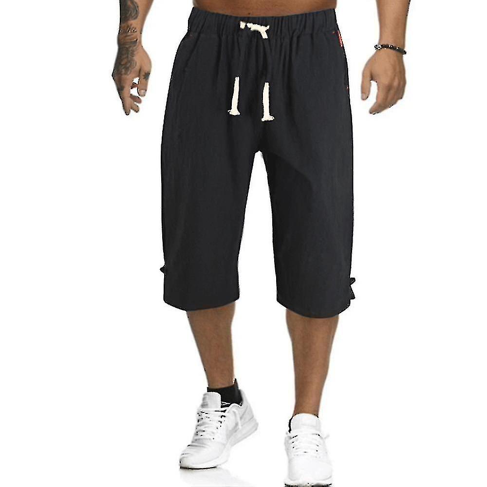 Men Summer Linen Look Capri Pants Casual Elastic Waist 3/4 Length Trousers Plus Size-