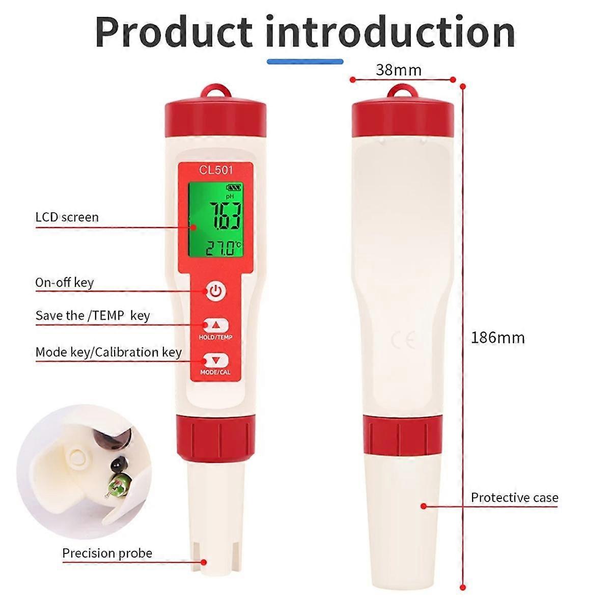 Chlorine Testing Pen 5 in 1 Water Quality Tester CL2 TEMP PH H2 ORP Measuring for Aquarium Swimming Pool