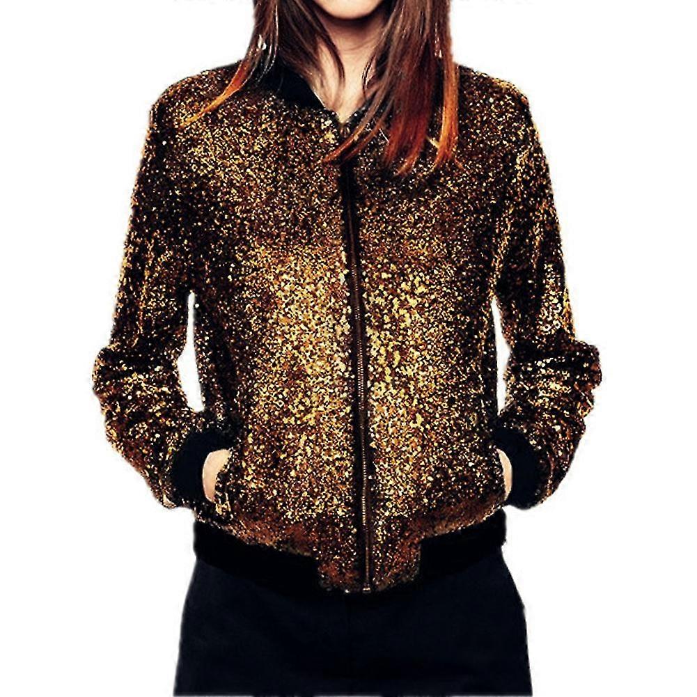 Womens Sequined Slim Zipper Collarless Casual Jacket
