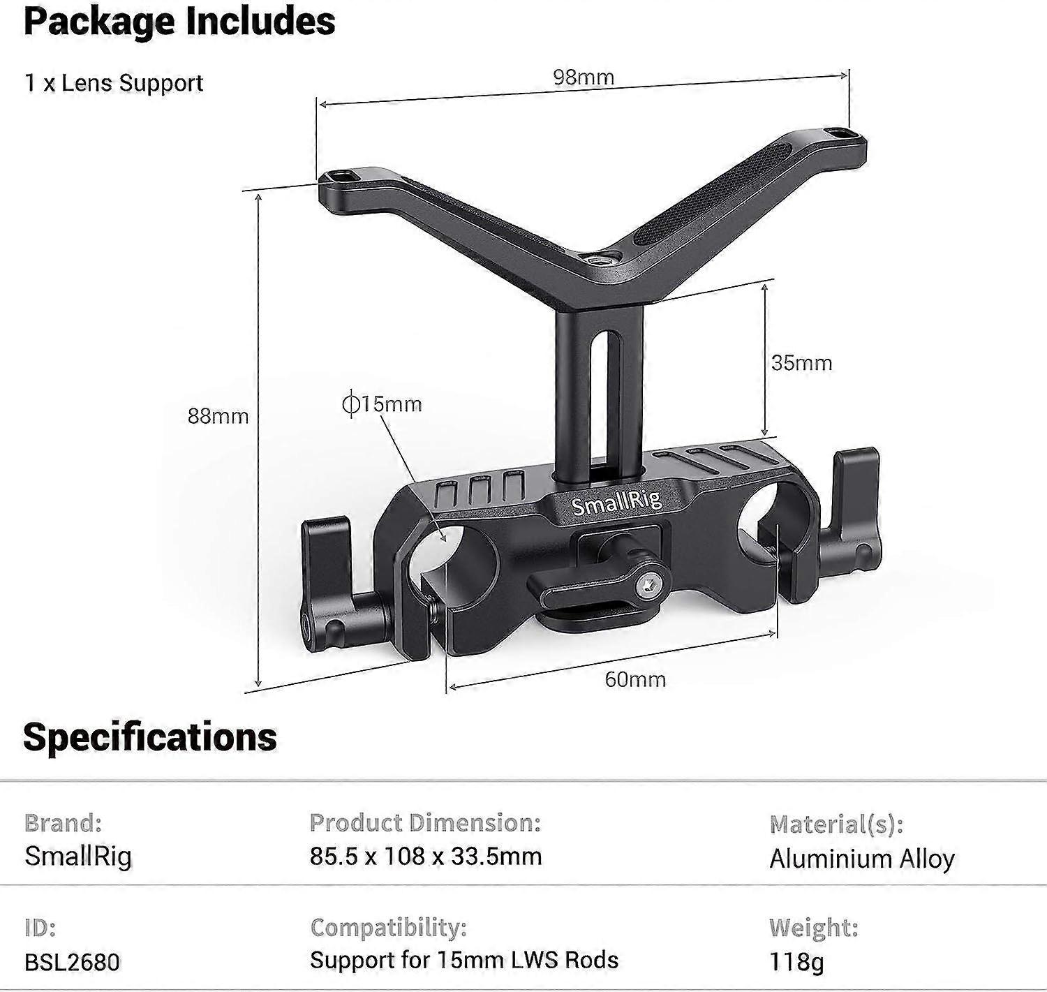 SmallRig Universal LWS 15mm Lens Support with 15mm Clamp for Camera Lens Y-shape Quick ket Rig -2680
