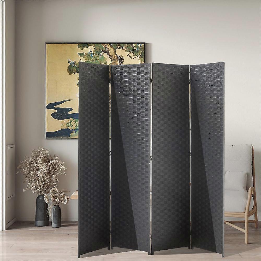 Black Woven Fiber 4-Panel Folding Room Divider