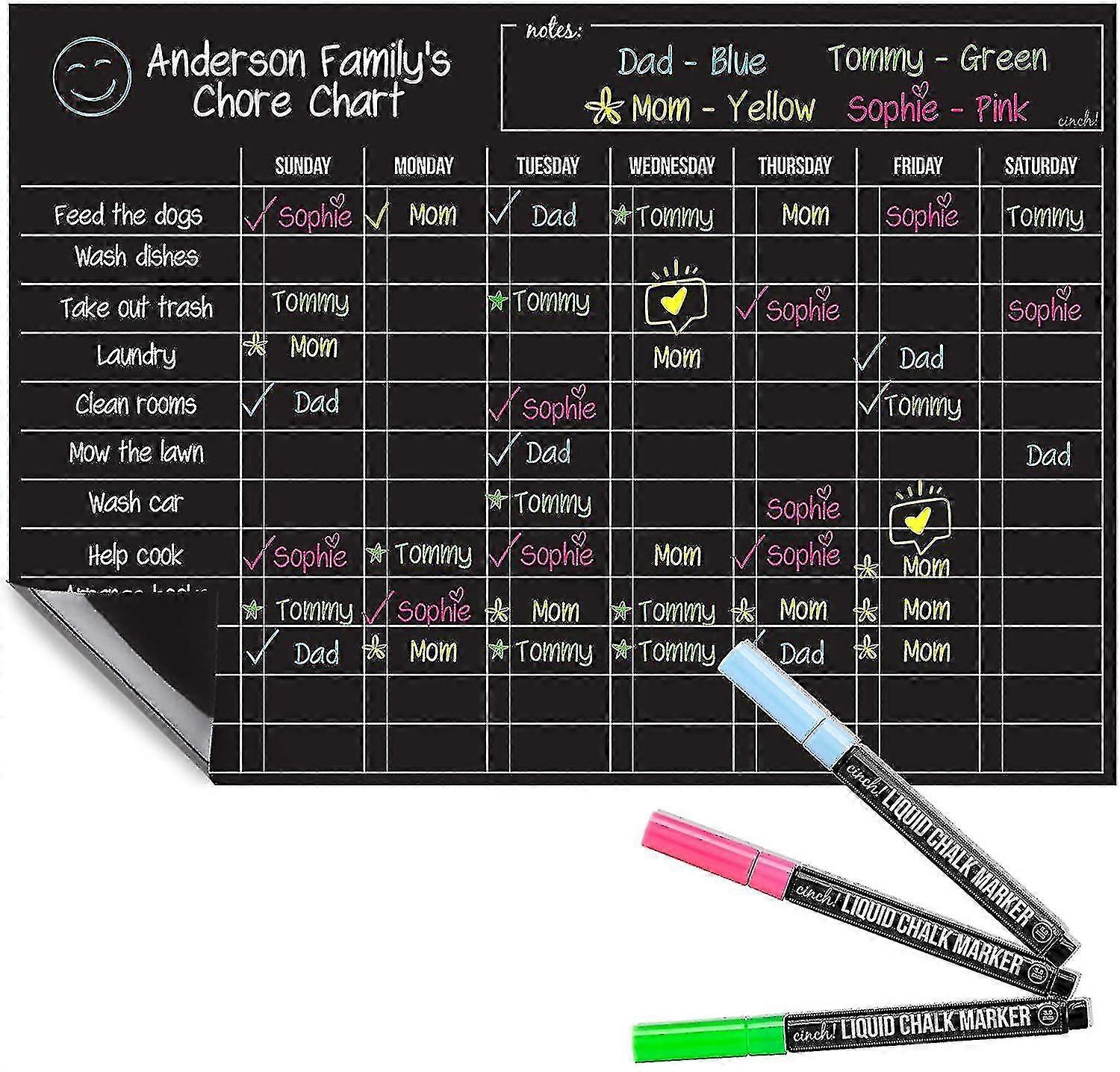 Magnetic Black Dry Erase Chore Chart Compatible With Multiple Kids And Adults: Fridge 17x12" - Daily Responsibility Reward