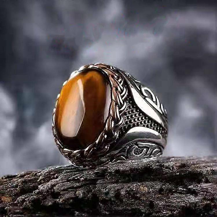 Sterling Silver Men Natural Tiger Eye Ring,size-10