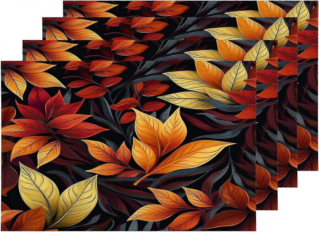 الخريف أوراق القيقب المفارش ، أوراق خضراء حمراء صفراء على حصيرة طاولة سوداء حصيرة الكتان الخيش قابل للغسل عزل حراري مزدوج الطابقين لطاولة الطعام المطبخ T