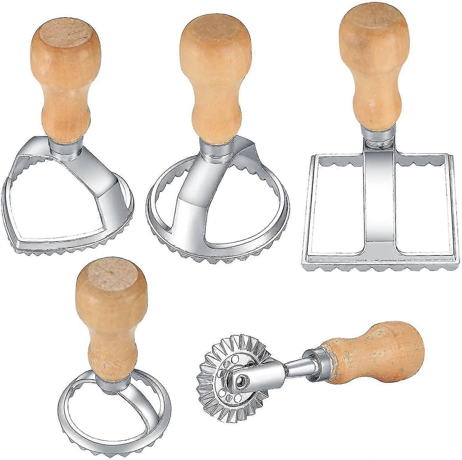5 Pcs Ravioli Cutters Set, Pasta Stamp Maker Cutter, Pastry Dumpling Press Maker Moulds With Wooden And Fluted Edge For Making