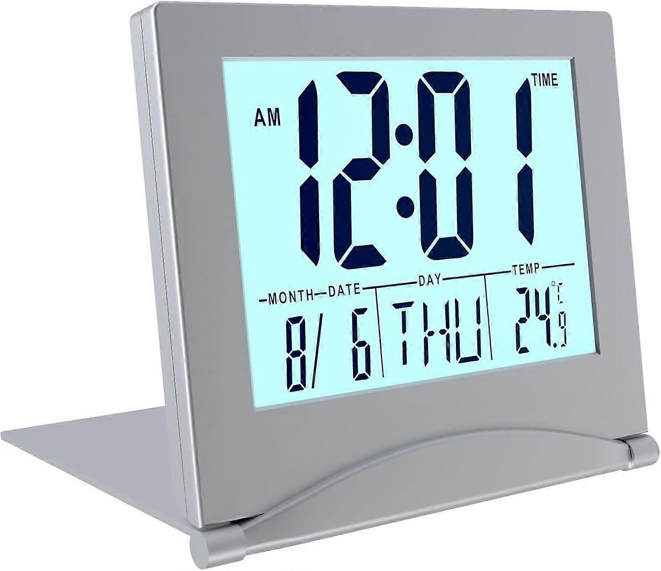 Foldable Digital Alarm Clock LCD Digital Clock with Backlight - Table Clock with Day, Date and Temperature Indication - Calendar Clock with Date Day a