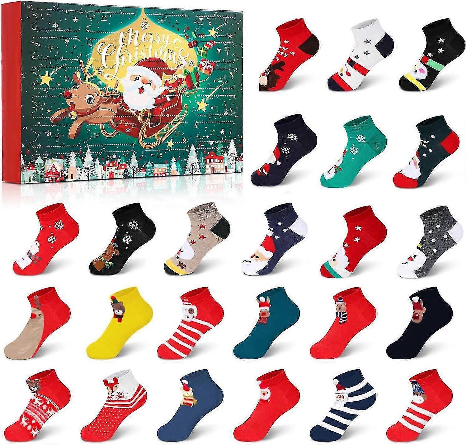 1 set Christmas Socks Advent Calendar 2024 Kids -24 Days of Advent Box Socks Christmas Countdown, Santa Elk Snowman Christmas Tree Pattern for Socks