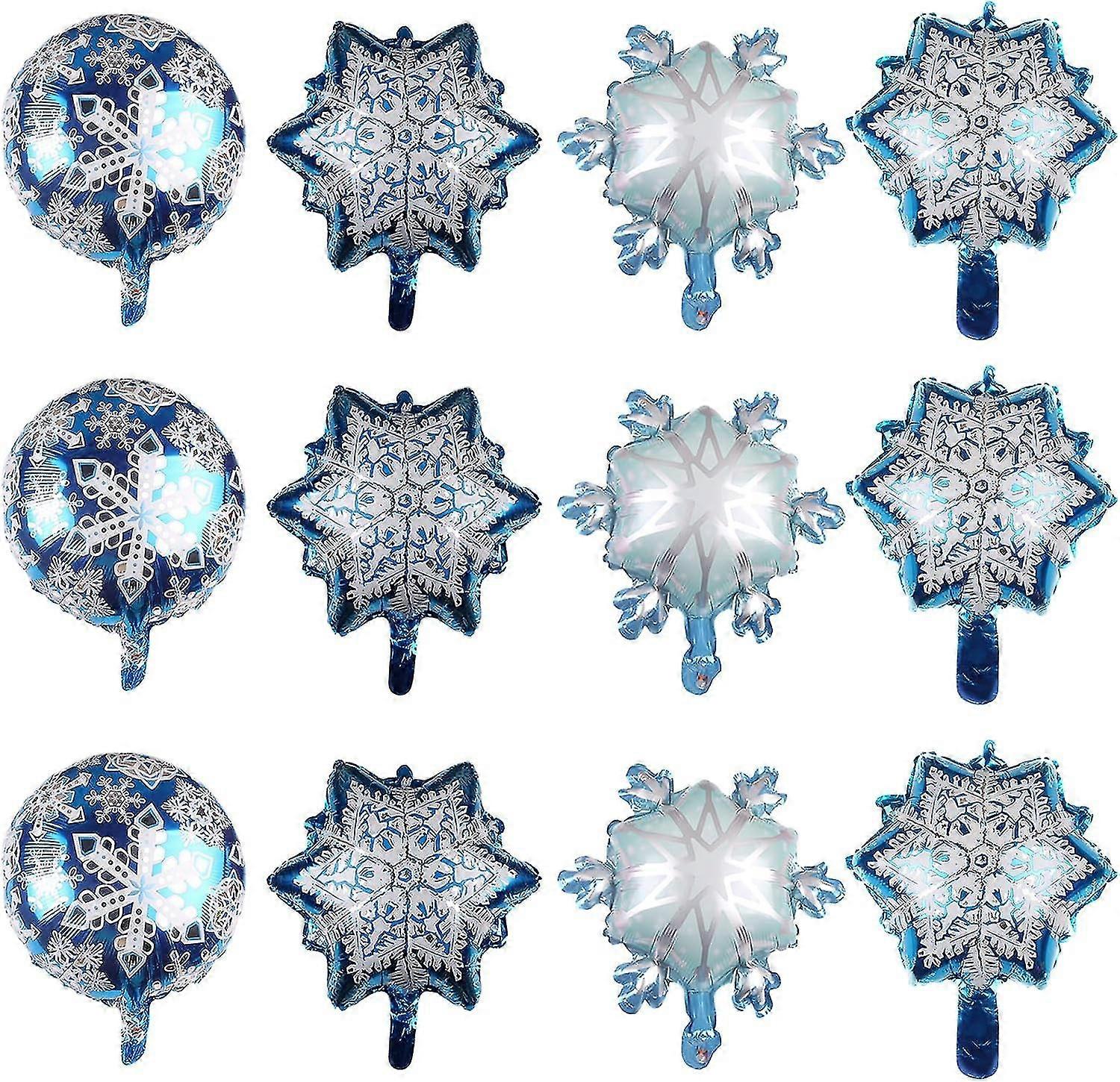 12Pcs Snowflake Balloons Set for Winter Wonderland Decorations Blue White Snowflake Frozen Foil Balloons for  New Year Birthday Theme Party Supplies
