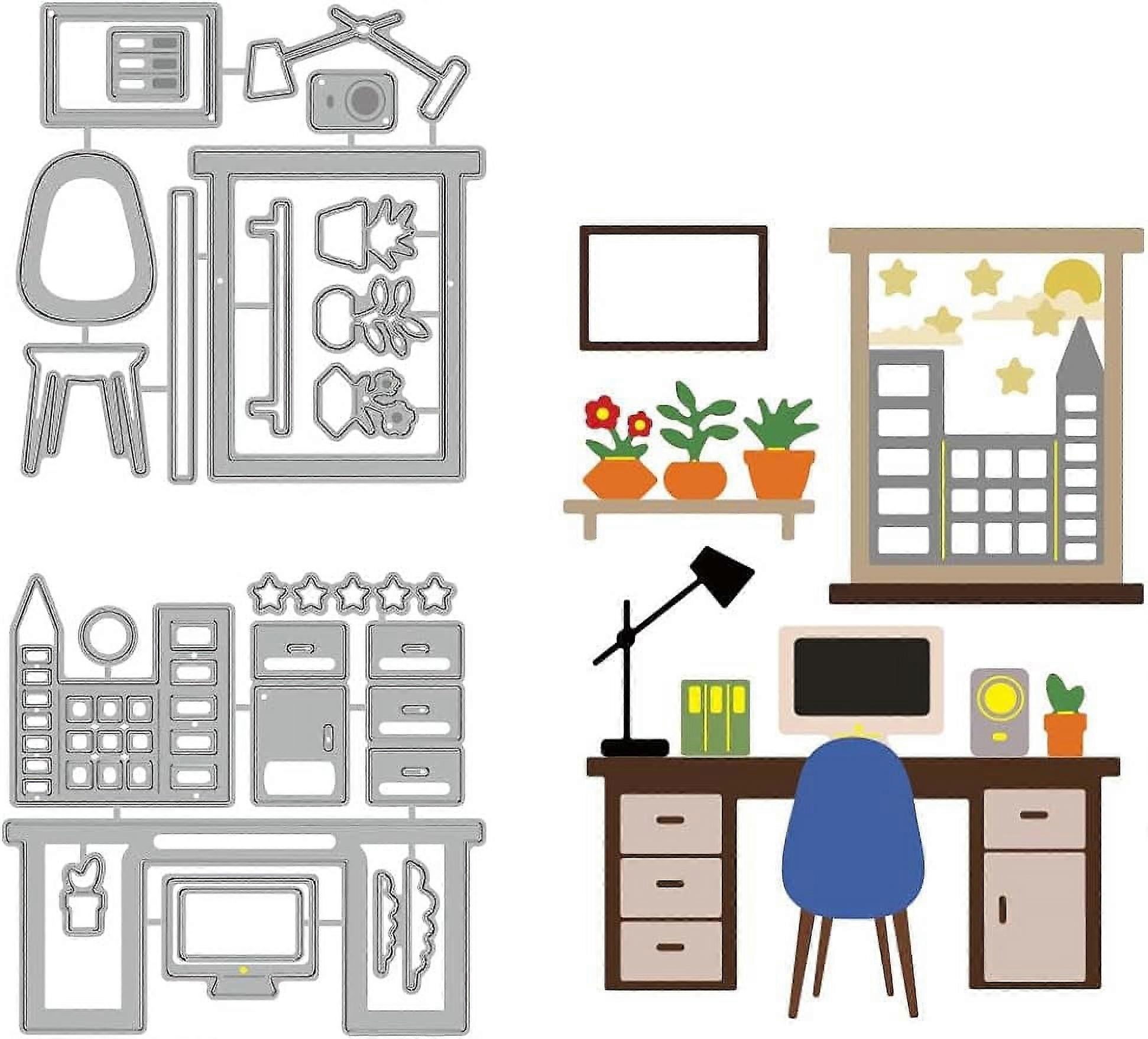 21Pcs Office Scene Cutting Dies Desk Window Chair Embossing Stencils Die Cuts Template for Paper Card Making Decoration DIY Scrapbooking Album Craft D