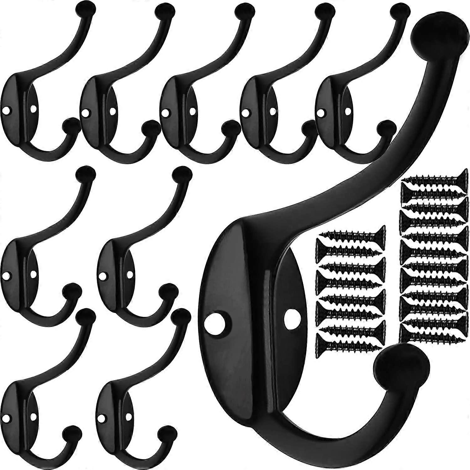 Wall Hooks, 10Pcs Coat Hooks Hardware Heavy Duty Hooks for Hanging Coats Double No Rust Black Hooks Wall Mounted with Screws for Key, Towel, Bags, Cup