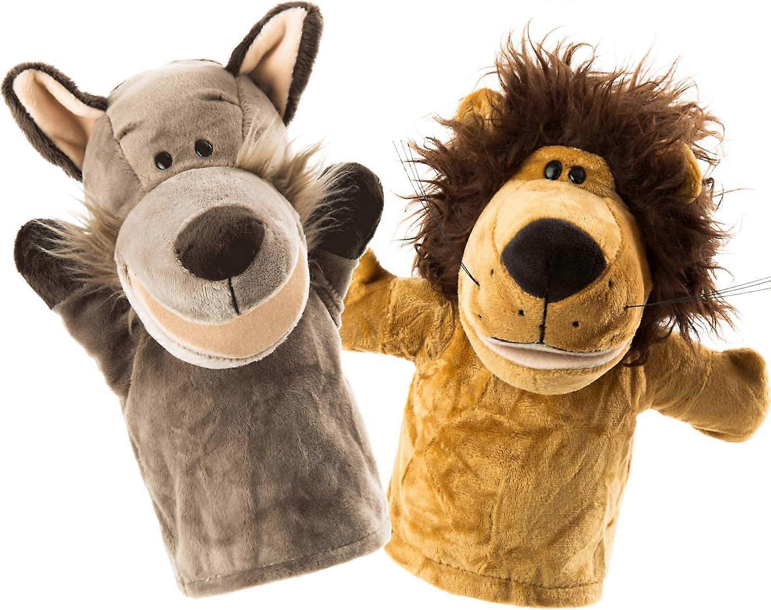 Animal Hand Puppets Set of 2 by BetterLine - Premium Quality, 9.5 Inches Soft Plush Hand Puppets for Kids- Perfect (Lion and Wolf)