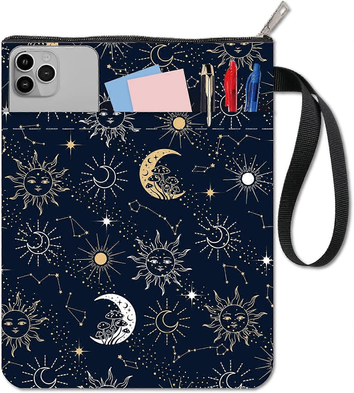 Sun Moon Star Book Sleeve with Zipper Galaxy Boho Book Protector Pouch for Paperback Black Space Waterproof Fabric Cloth Books Sleeves Librarian Book