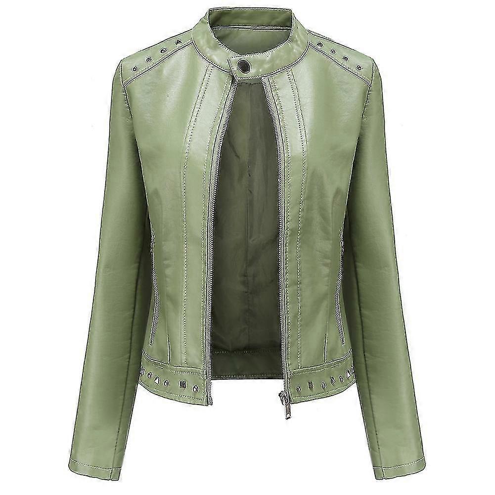 Naiwang Women's Solid Color Stand Collar Stud Slim Fit Cropped Zip Leather Jacket