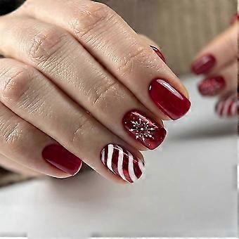 Cor sólida vermelha manicure natal doces listra desgaste prego floco de neve unha falsa quadrados curtos remendo do prego