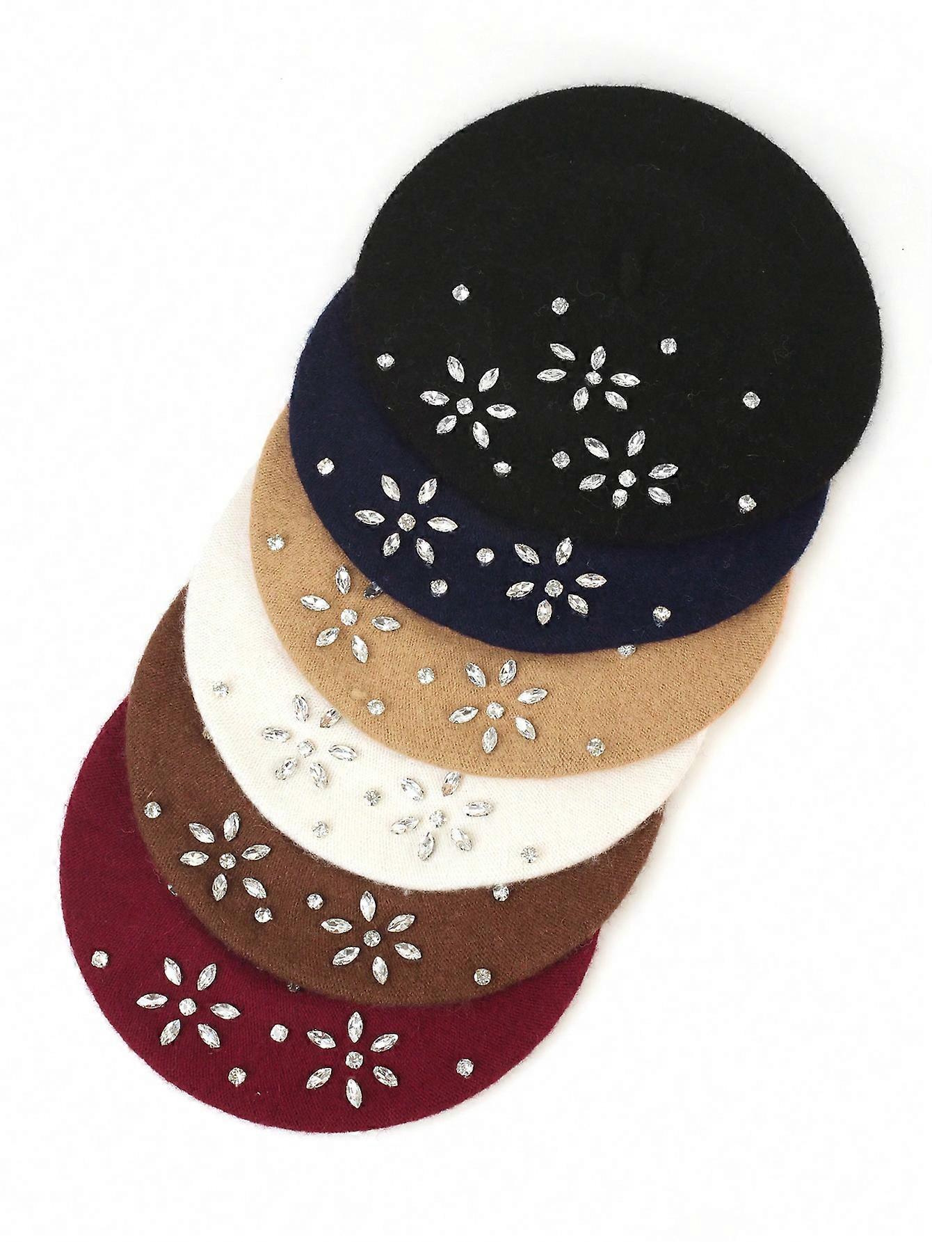 1pc Women's Rhinestone Flower Solid Color Knitted Beret Casual Trendy Hat Christmas