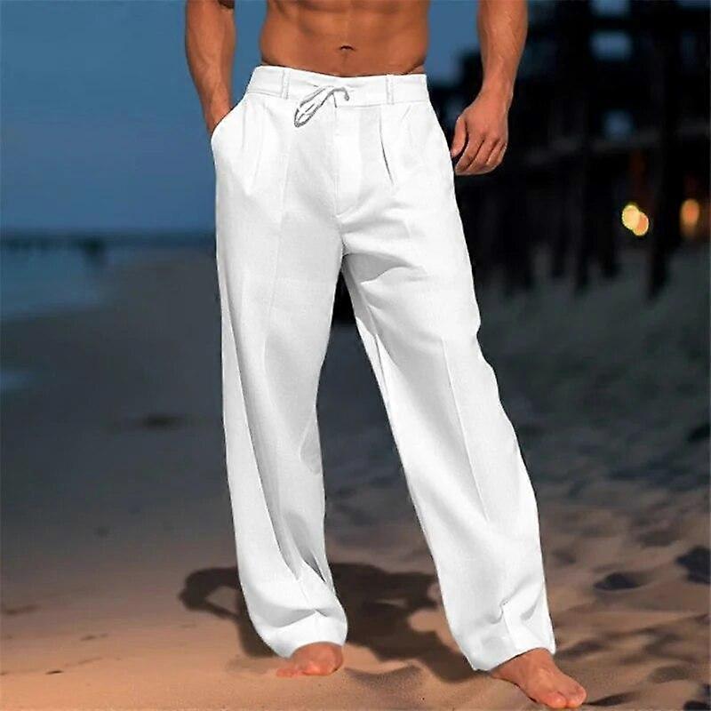 Men's Linen Trousers, Summer Beach Pants, Front Pocket, Solid Color, Comfortable, Breathable and Casual