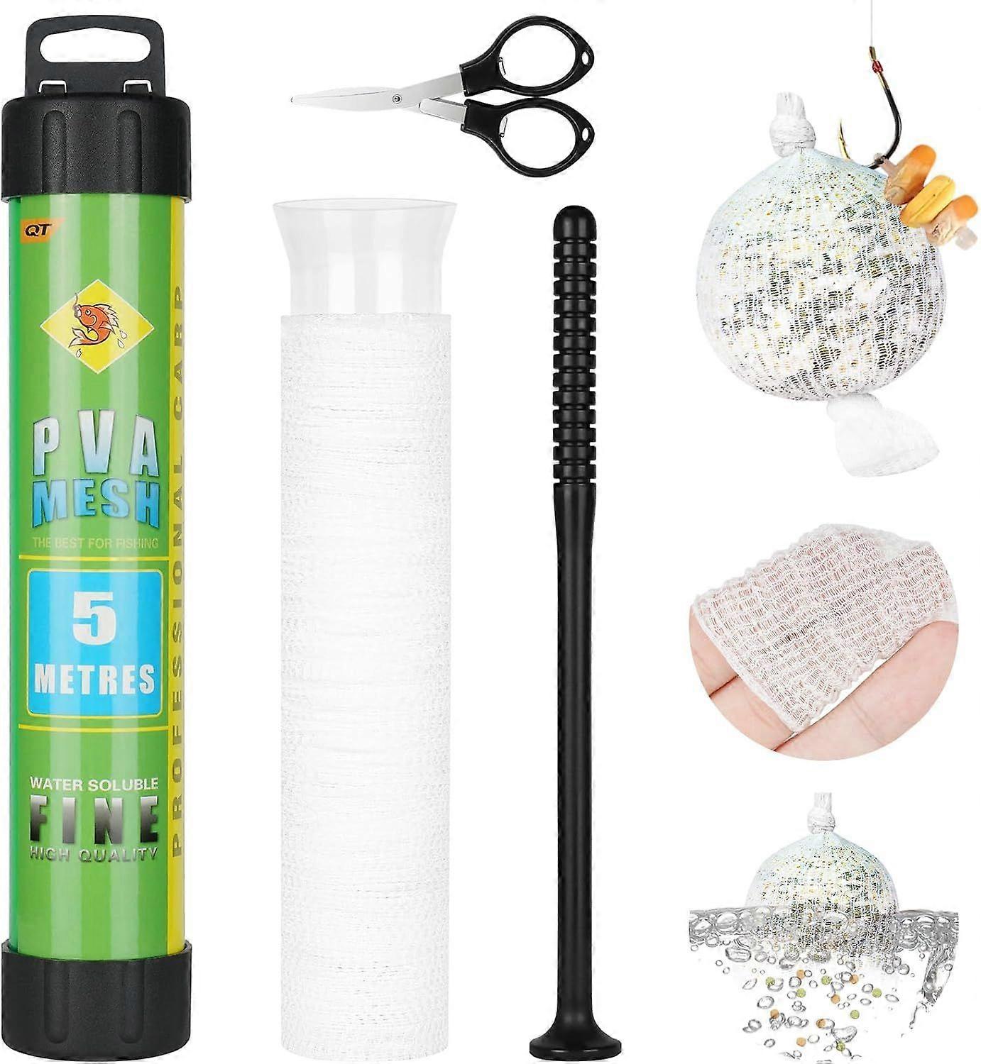 5M PVA Fishing Net Set Fishing Mesh Bait PVA Bags with Scissors Quick Refill Water Soluble Narrow Net Bait Fishing Feeder Plunger Hook Accessory