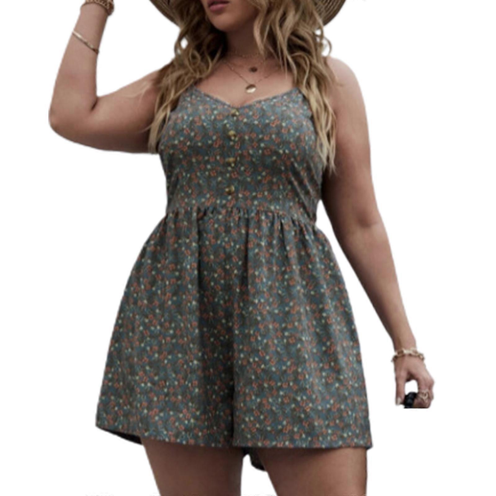 Women Plus Size Rompers Sexy V Neck Beach Shorts Jumpsuit